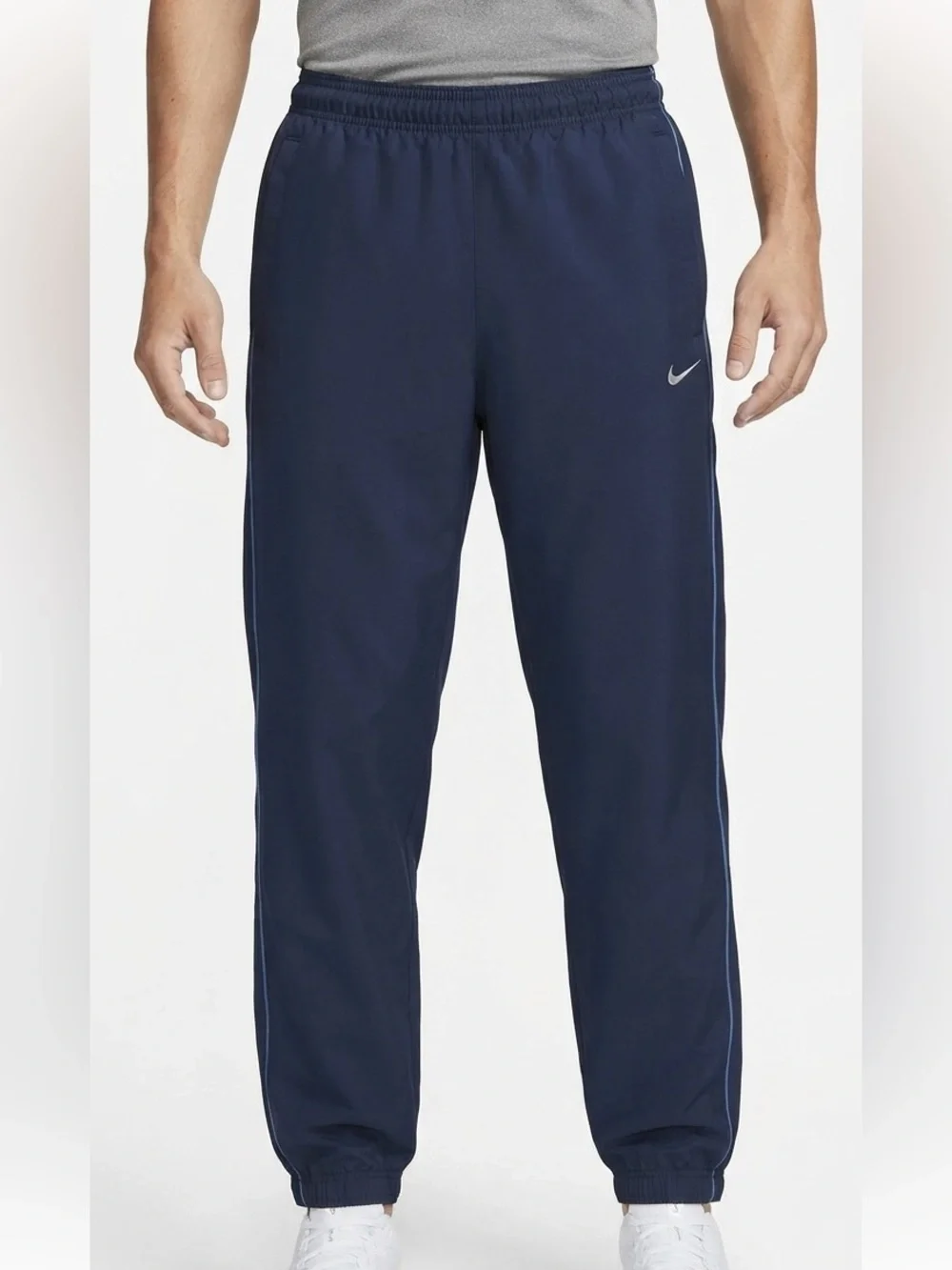 Nike Mens Navy Blue Track Pants with Light Blue Piping Lined Size L